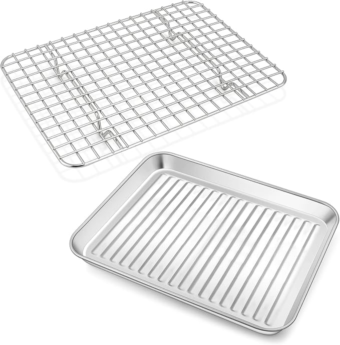 P&P CHEF Toaster Oven Pan with Wire Rack, Stainless Steel Baking Oven Sheet Tray, Bacon Pan and Cooling Rack for Cooking Roasting Cookie, Dishwasher Safe & Easy Clean, 9 x 7 x 1 Inch