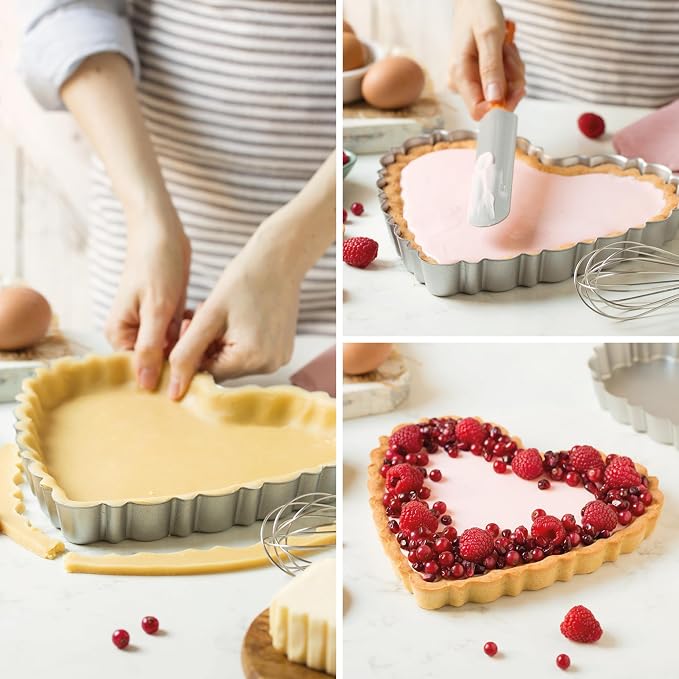 Decora 0075056 Nonstick Steel Fluted Heart Tart Pan 9.8 Inch x 9.1 Inch x 1.2 Inch High with Loose Removable Bottom, for Easy Demolding, Professional Design Registered, Patented