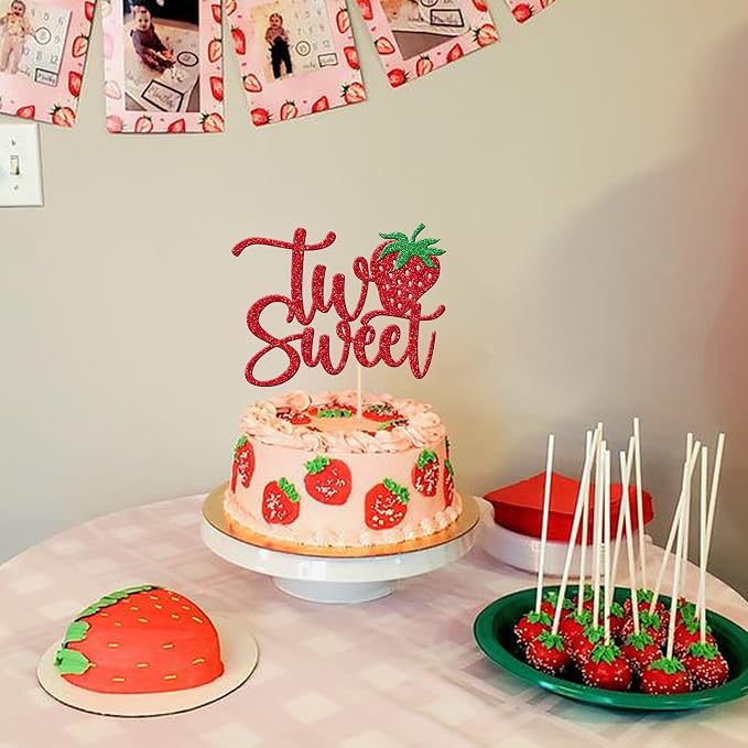 1 PCS Two Sweet Strawberry Cake Topper Red Glitter Strawberry Sweet Two Cake Pick Berry 2nd Birthday Cake Decoration for Strawberry Theme Baby Shower Kids Second Birthday Party Decorations Supplies