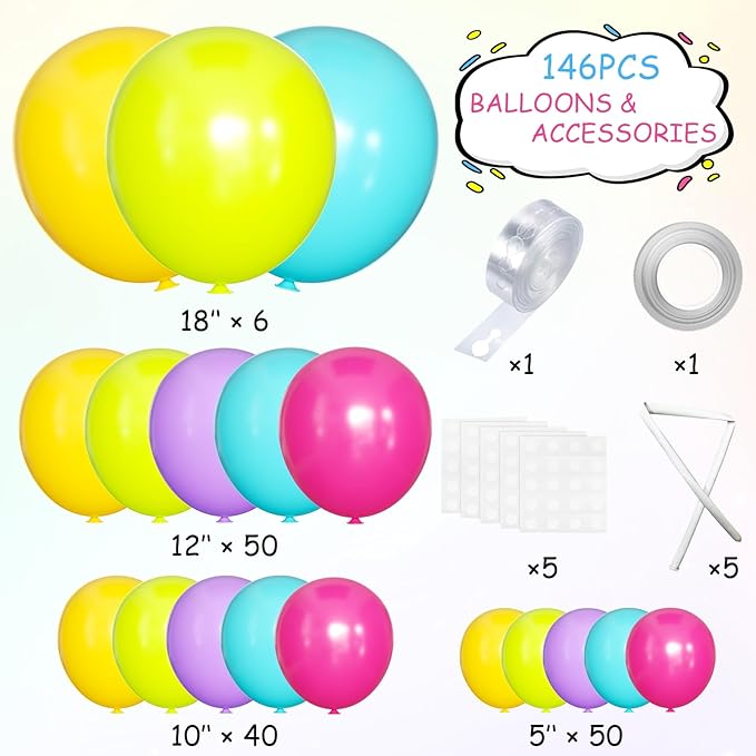 Rainbow Balloons Garland Arch Kit, 146Pcs 5 Assorted Color Latex Balloon Different Sizes 18 12 10 5 Inch for Gender Reveal Baby Shower Wedding Birthday Party Decoration