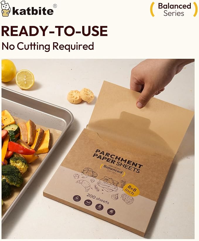 Katbite 200 Pcs Parchment Paper, 8 x 8 Inch Unbleached Baking Paper, Oil Resistant & Easy Clean, Non-Stick Precut Parchment Paper Sheets for Baking Square, Cooking, Air Fryer [Balance Series]