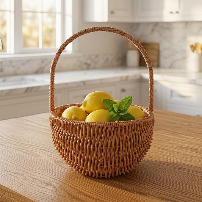 Small Woven Basket with Handle, Plastic Rattan Wicker Easter Basket for Picnic, Harvesting, Home Storage And Decor, Splinter-free, Light Brown, 9. 04 Inch