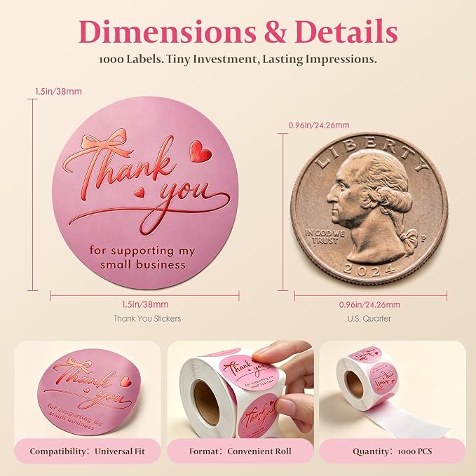 BEYGORM 1000 PCS Thank You Stickers for Small Business, 1.5 in Waterproof Pink Round Gold Foil Packaging Labels, Elegant Envelope Seals for Shipping, Bakery, Cookies, and Gift Boxes