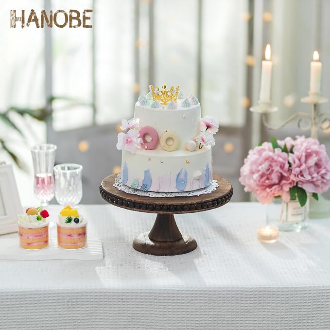 Hanobe Round Wood Cake Stand: Cupcake Pedestal Stand 12 inch Dessert Display Riser Distressed Rustic Cakes Holder Tray Vintage Beads Wooden Plate for Christmas Wedding Birthday Decor