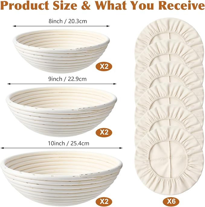 6 Pack Banneton Bread Proofing Baskets Set 8 9 10 Inch Round Sourdough Proofing Bowls with Linen Natural Rattan Dough Baskets for Artisan Bread Baking