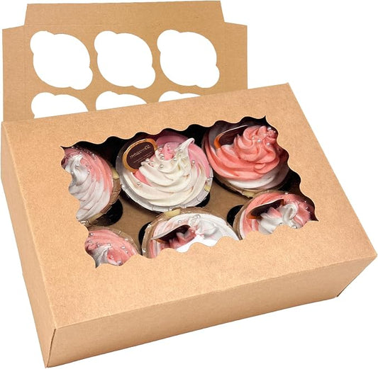 Bakepacker Auto-pop up 6 Cupcake Boxes with Window 20 Count Brown Box 9.4 x 6.1 x 3 inch Cupcake Carrier