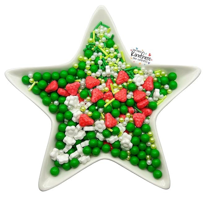 SE Si&Moos Strawberry Sprinkles Edible Strawberry Cake Decorations Edible White Mini Flowers Green Sprinkles for Cake Decorating Party Baby Shower Holiday Supplies 3.5 OZ