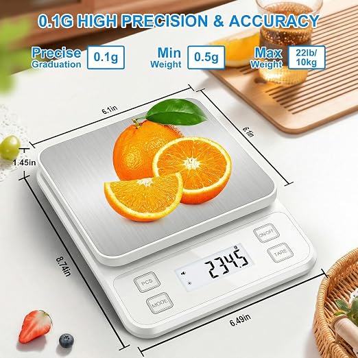 22lb Rechargeable Stainless Steel Scale, Diyife Large Kitchen Food Scale with 0.1g/0.001oz High Precision, LCD Display, 10 Unit, Waterproof IPX67, Washable, Hangable, for Baking, Cooking, White