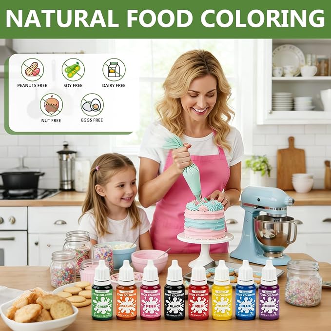 Natural Food Coloring, 8 Vibrant Liquid Food Dye, Artificial Dye Free & Plant Based Food Grade Color Set for Baking, Cake Decorating, Buttercream, Frosting & DIY Slime - 10ml per Bottle