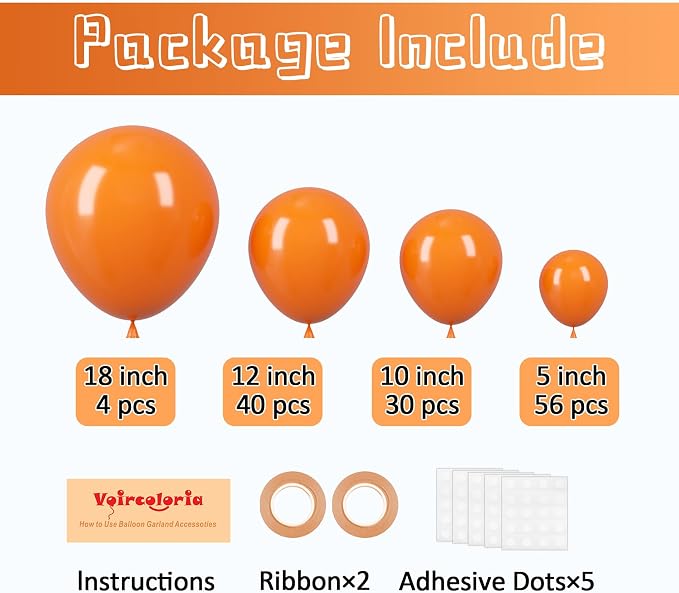 Voircoloria 130pcs Orange Balloons Different Sizes 18" 12" 10" 5" Orange Matte Latex Balloons for Boys Girls Birthday Baby Shower Gender Reveal Wedding Gender Reveal Autumn Party Decorations