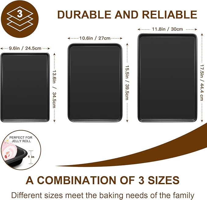 Baking Sheet Pan Set of 3, Nonstick Commercial Cookie Sheets for Baking | Half/Quarter/Jelly Roll Pans Replacement Toaster Oven Tray, Heavy Duty & Easy Clean, Dark Black