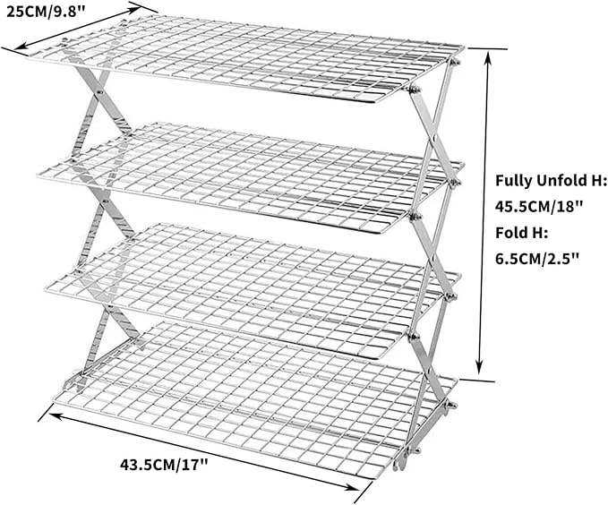 4-Tier Collapsible Cooling Rack-Adjustable Stackable Non-Stick Wire Rack for Baking,for Baking, Roasting, Cookies, Cakes, Drying, Picnic & BBQ,Silver