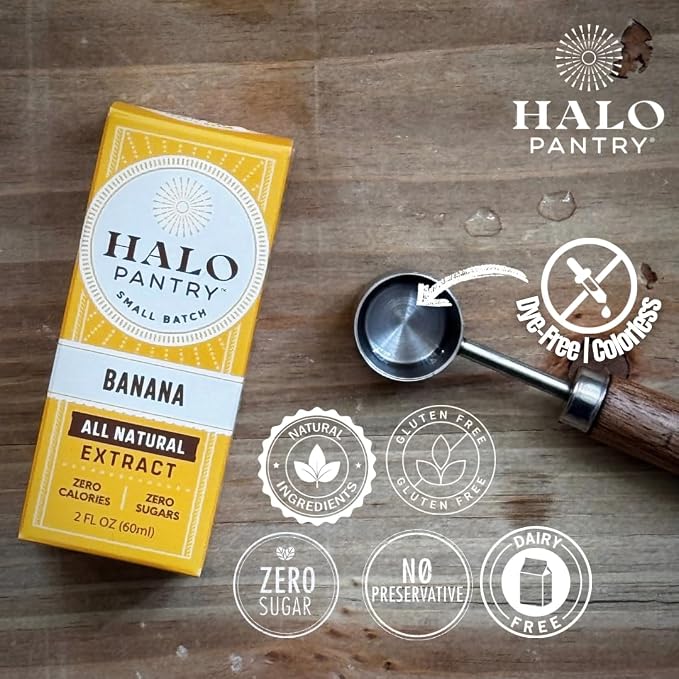 Natural PURE BANANA Extract by HALO PANTRY (2oz bottle) | Water-Soluble, Dye-Free/Colorless, Gluten-Free, Dairy Free, Zero Sugars, NO Sweeteners, NO Calories | Perfect for customizing ANY baking, candy, dessert or drink recipes