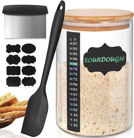 Kmise Sourdough Starter Jar, 34 Oz DIY Pro Glass Sourdough Starter Jar Kit With Thermometer, Silicone Spatula, Blackboard Stickers and Cutter