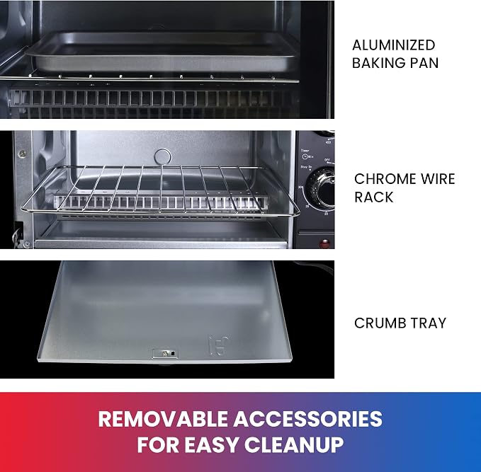 Total Chef Toaster Oven - Countertop Oven for Toast, Bake, Broil, Pizza, Compact Size For Small Kitchen, Appliance with Timer, Black