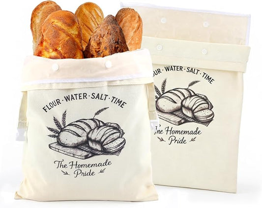 2 Pack Double-Layer Beeswax Sourdough Bread Bags, Reusable Organic Cotton Bread Bag with Detachable Beeswax Liner & Roll-top Buckle, Keeps Homemade Loaves Fresh Longer, XL Capacity | Washable linen shell