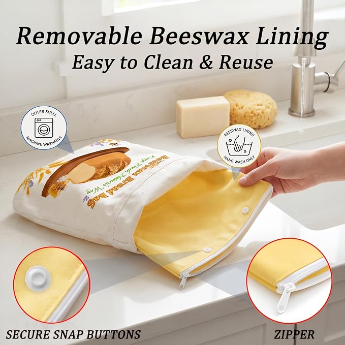 Removable Beeswax Bread Bags for Sourdough 3 Pack, Natural Bees Wax Organic Cotton Linen Bread Bag with Zipper,XL+L+S,Reusable Eco-Friendly Fresh Homemade Loaf Keeper, Gift for Bakers