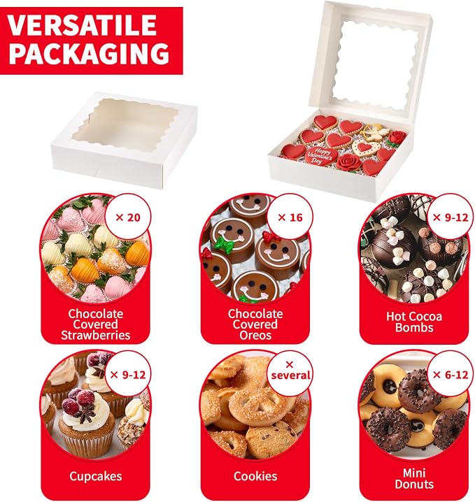 Ocmoiy 20 Pack Pie Boxes, 10 x 10 x 2.5 Inches Bakery Boxes with Window, Auto-Popup Cookie Treat Boxes for Chocolate Strawberries, Pastries, Muffins, Donuts, Breakable Heart