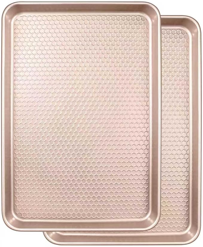 Wildone Baking Sheet Pan Set, Honeycomb Embossed Nonstick Baking Sheet 15x10 In, Thicker Carbon Steel Cookie Sheet, Even Heating Jelly Roll Pan, Rose Gold, 2 Pack
