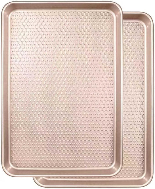 Wildone 2 Pack Half Sheet Baking Pans, Honeycomb Embossed Nonstick Baking Sheet 17.5x12 In, Thicker Carbon Steel Cookie Sheet, Even Heating & Warp Resistant, Rose Gold