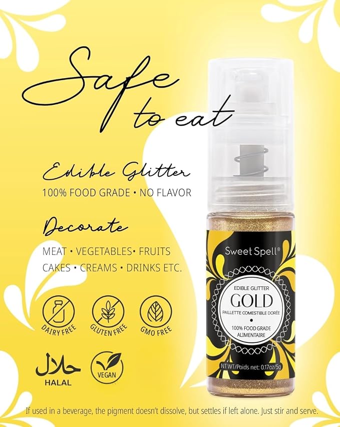 Sweet Spell Edible Cake Glitter Spray – Shimmering Magic for Cakes Decorating & Cocktails – 100% Edible, Food-Grade, Vegan, Gluten-Free (Gold)
