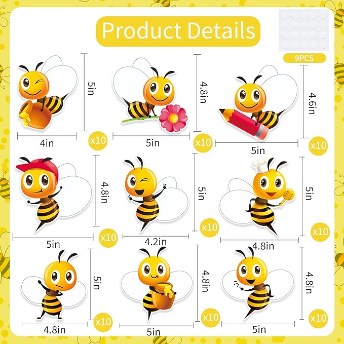 Vuzvuv 90Pcs 5In Bee Paper Cutouts with 180Pcs Glue Points,Bee Cut Outs Bulletin Board Decorations for Birthday Party Theme Decor Supplies