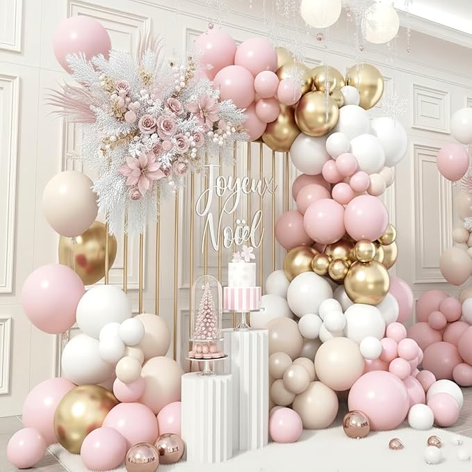 Pink Beige Gold Balloon Garland Arch Kit, 109 Pieces Blush Pastel Pink Peach Pink Gold Beige White Sand Latex Balloon Garland Kit for Girls Women Birthday Baby Bridal Shower Wedding Party Decorations