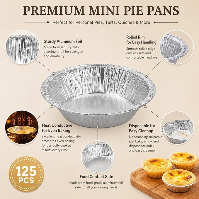 RHBLME 125 PACK Mini Pie Tins, 5 Inch Aluminum Foil Pie Pans Heavy Duty Small Pie Tins, Pot Pie Pans For Bakeries, Cafes, Restaurants, Durable Mini Tart Pans for Pie, Fruit Tarts, Quiche