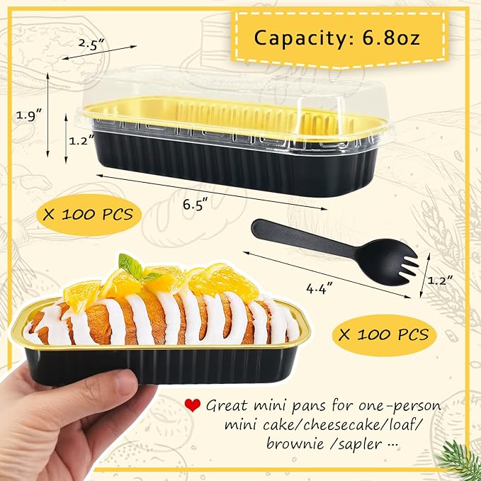 LNYZQUS Mini Cake Pans with Lids 100 Pack,Individual Foil Baking Tins,Disposable Mini Loaf Pans Small Cakes Tin Cupcake Containers for Bakery Bake Sales-Black,6.8oz