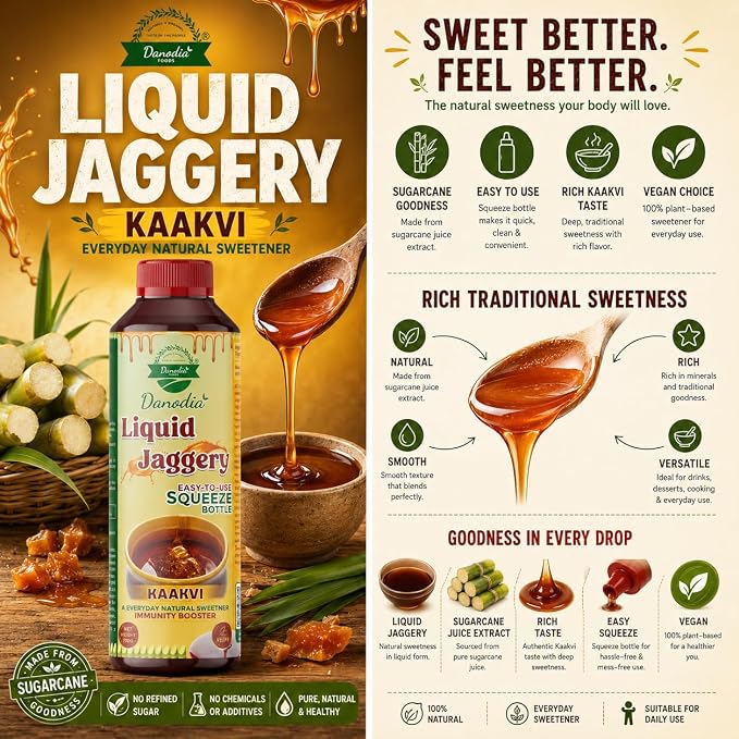 Danodia Foods Organic Liquid Jaggery Syrup, Gur Sweetener, 350g, Gur Cane | Pourable sugarcane sweetener for tea, coffee, baking, desserts, sauces, cooking and daily recipes; no preservatives used