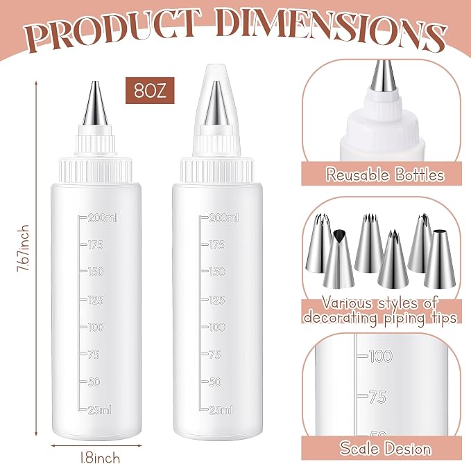 LemonRoad 4 Pcs Piping Bottles for Icing Cookie Decorating Supplies Plastic Squeeze Bottles with 6 Different Piping Tips for Cookie Icing Kit Pancake Squeezing Applicator Writer(8 oz)