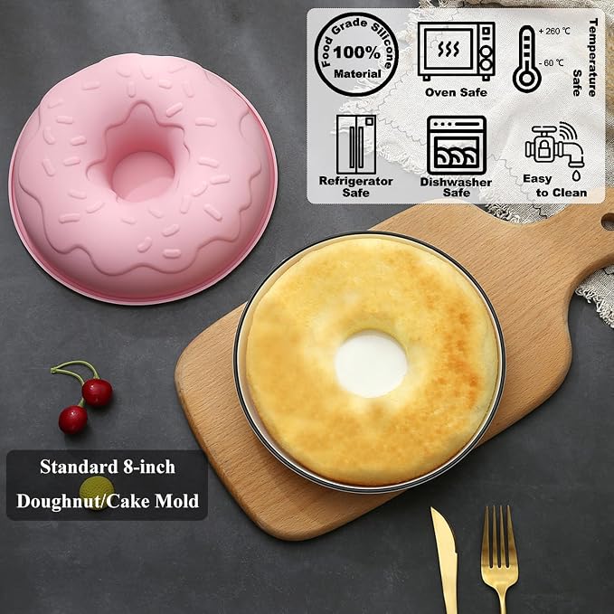 Big Size Silicone Donuts Pan Non-stick Cake Baking Molds for Bagel and Doughnut (8 Inch Pink)