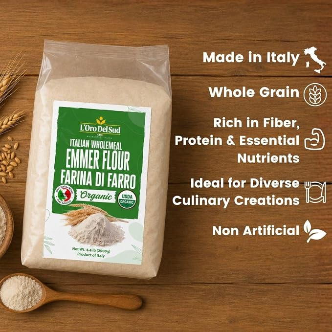 L'Oro Del Sud Organic Farro, Emmer Flour, Stone-Ground, 4.4 lb (2 Kg) | Stone Ground Ancient Grain Flour, USDA Organic, High Fiber, Non-GMO, All-Purpose Flour for Breads, & Pizza, Product of Italy