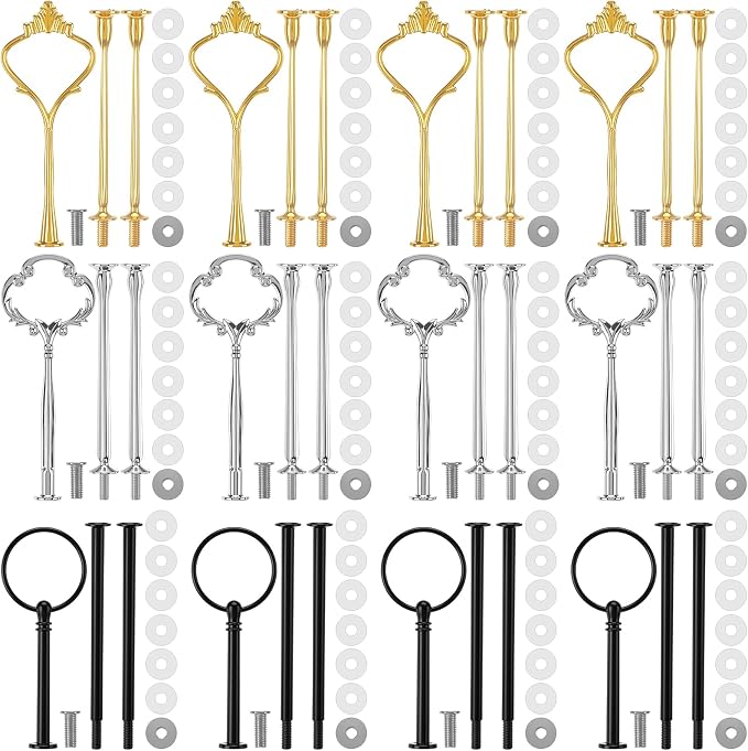 Patelai 12 Sets 3 Tier Cake Stand Hardware Tiered Tray Plate Hardware Kit Heavy Metal Cake Fruit Food Plate Stand Fitting Stacking Kit for Serving Dessert Cupcake Dish (Cute,Black,Silver,Gold)