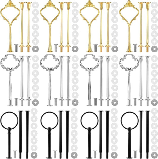 Patelai 12 Sets 3 Tier Cake Stand Hardware Tiered Tray Plate Hardware Kit Heavy Metal Cake Fruit Food Plate Stand Fitting Stacking Kit for Serving Dessert Cupcake Dish (Cute,Black,Silver,Gold)