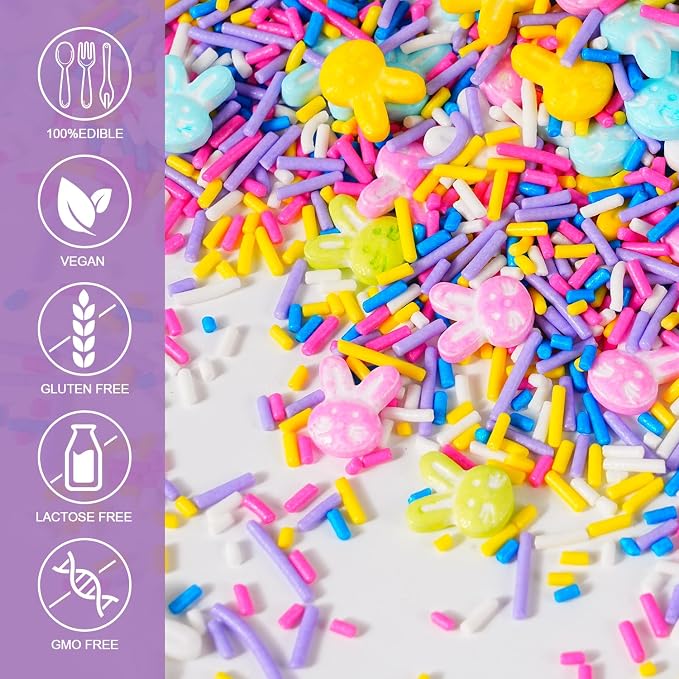 Easter Sprinkles for Cake Decorating, Pastel Bunny Rabbit Shaped Sprinkles with Pink Blue Purple Jimmies, Edible Spring Sprinkles Mix for Easter Baking, Ice Cream, Cookies, Cupcake Topper, 3.5oz
