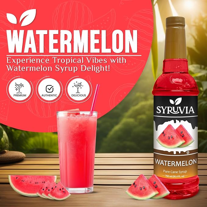 Syruvia Watermelon Syrup, Flavored Syrup for Cocktails, Fruit Drinks, Lemonades, and Desserts – 25.4 fl oz - with Pump