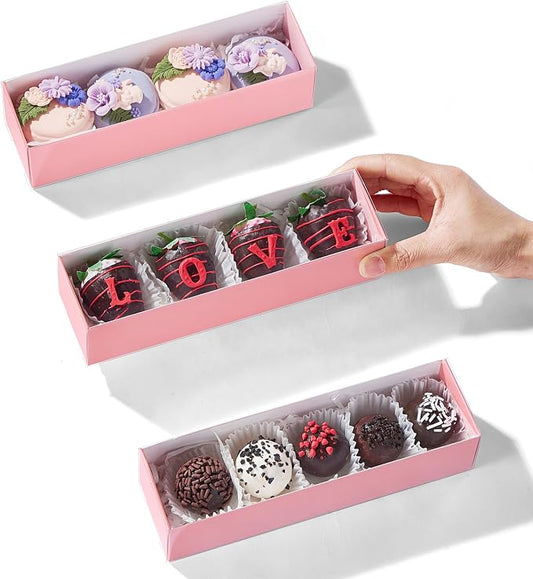 TEMLQPACK 50Pack Pink Chocolate Covered Strawberry Box for 4, Macaron boxes, Long Treat Box for Truffles, Cookies, Ores, Chocolate Cocoa Bombs&Cake Ball Bakery Packaging Supplies