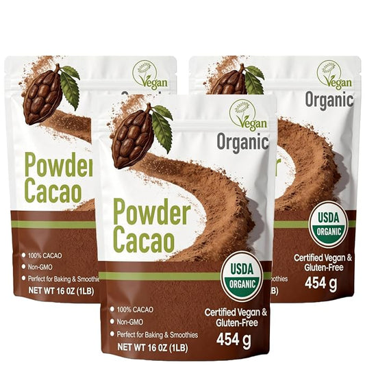 452g/3pack, (3 Lbs - 48 Oz), Raw Organic Cacao Powder - Cold-Processed Unsweetened Cocoa, High Antioxidant Superfood for Protein Shakes & Hot Chocolate, Keto/Paleo Friendly