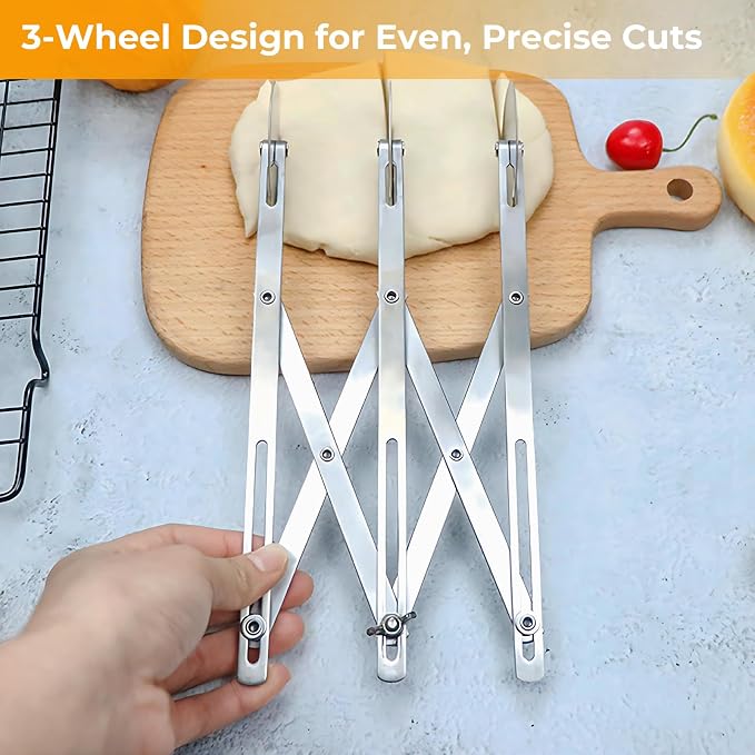 3 Wheel Pastry Cutter, Stainless Steel Roller, Expandable Dough Cutter, Multi Wheel Cookie Ravioli Cutter, Adjustable Pizza Slicer, Knife for Baking, Dough Divider