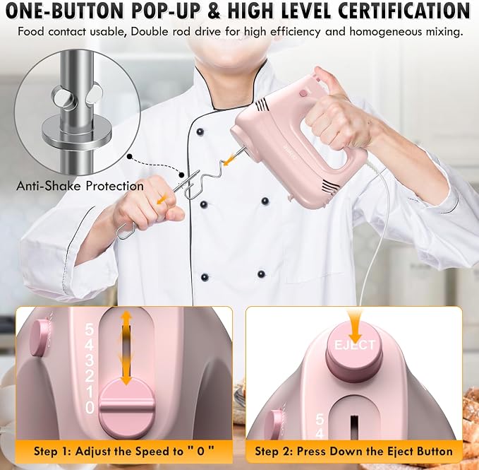 GUALIU Electric Hand Mixer with Stainless Steel Whisk, Dough Hook Attachment and Storage Bag, Handheld Mixer for Baking Cakes, Eggs, Cream Food Mixers. Turbo Boost /5 Speed Kitchen Blender PINK