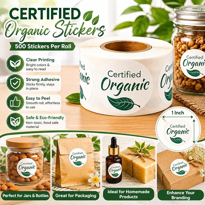 Organic Stickers 500PCS, 1 Inch Round Labels, Certified Organic Labels Roll, Food Packaging Stickers for Jars, Bakery, Homemade Products, Business Packaging Supplies
