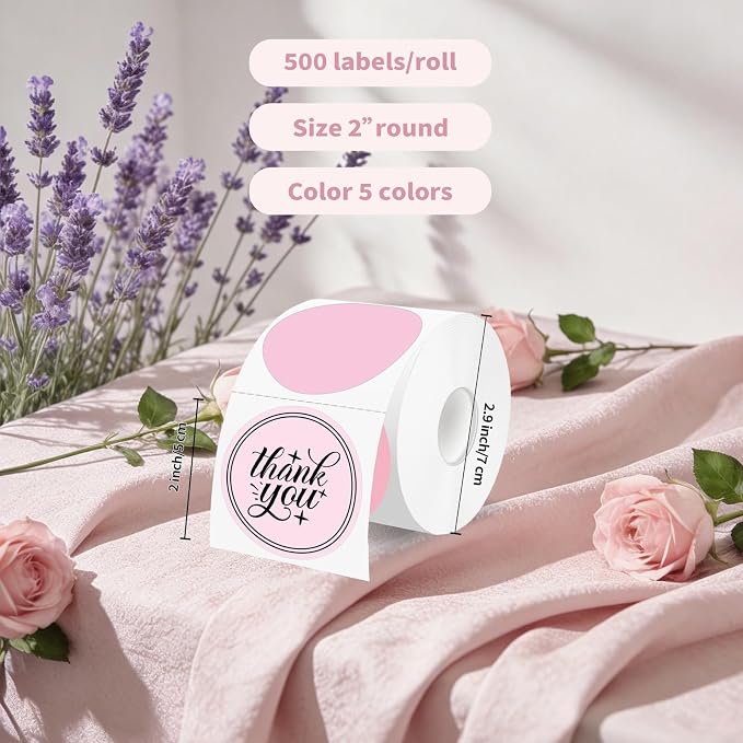 500 Labels/Roll 2" Gradient Pink Round Thermal Labels, Waterproof Circle Blank Thermal Sticker Compatible with Direct Thermal Label Printers for DIY Logo Designs, Thank You, Small Business