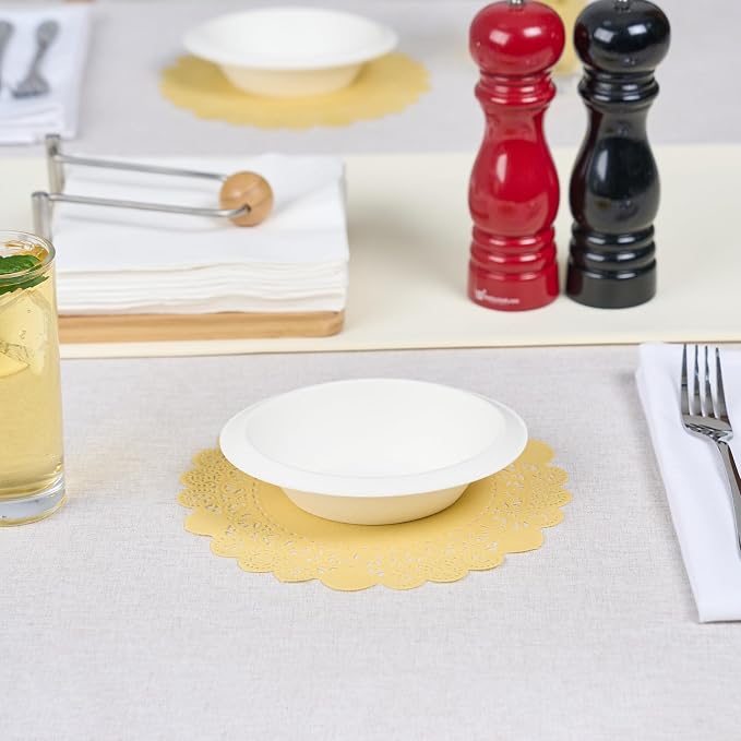 Pastry Tek 8 x 8 Inch Paper Lace Doilies, 100 Disposable Table Doilies - Elegant Lace Finish, Long Lasting, Yellow Paper Doily, for Pastries, Cupcakes, Desserts - Restaurantware