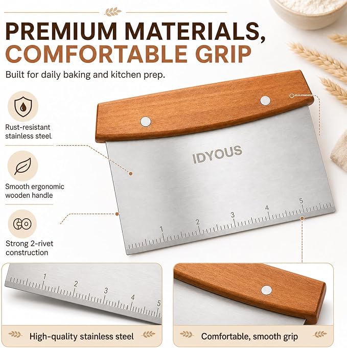 Multipurpose Bench Scraper and Dough Cutter, Stainless Steel Griddle Scraper Chopper with Measurement Marks, Kitchen Tool for Flat Top Grill, Bread, Pizza and Baking