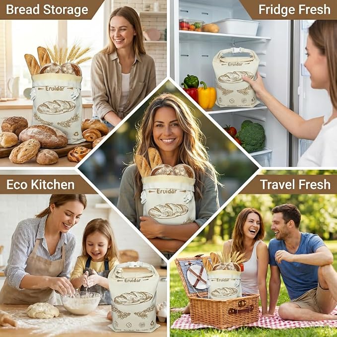 Beeswax Bread Bags for Sourdough & Homemade Bread (2 Pack), XL 13"x17" Large Reusable Cotton & Linen Bread Bag, Keep Loaves Fresh Longer, Natural & Easy to Clean(Rustic Bread Print)