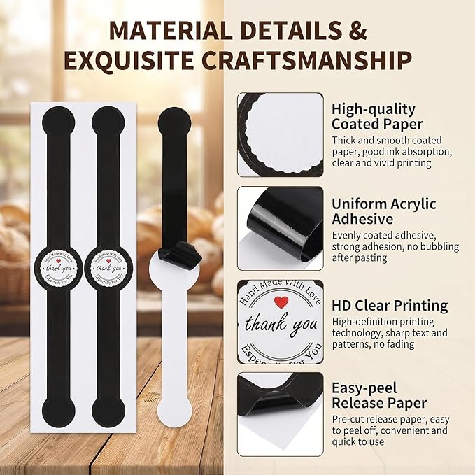 100 Pcs Food Baking Stickers Decorative Bakery Stickers Packaging Self Adhesive Tamper Evident Sealing Labels Decals Tag for Cakes Dessert Cookies Coffee(Black)