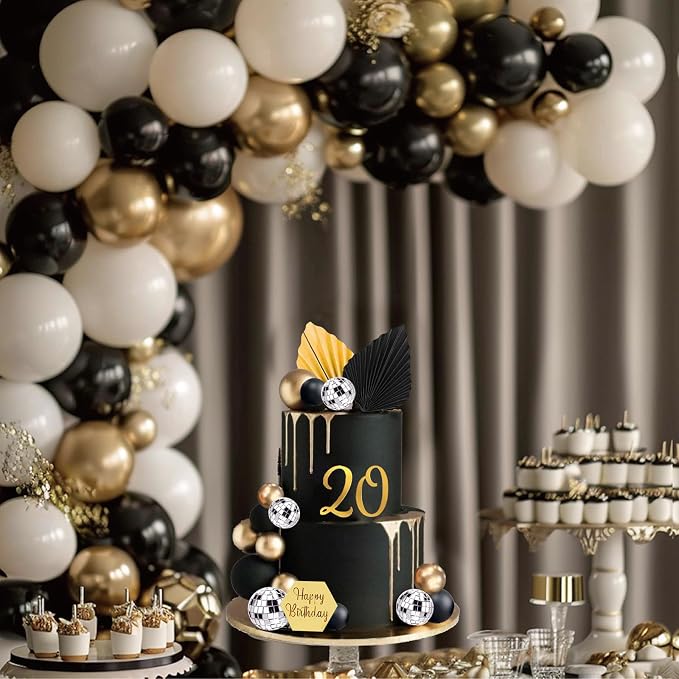 37Pcs Gold Black Balls Cake Topper Man Cake Decorations with Disco Balls Palm Leaves Acrylic Numbers 0-9 and Happy Birthday Cake Topper for Men Boy Black Theme Birthday Baby Shower Party Supplies