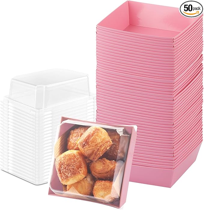 BUIYLV 50 Pack Charcuterie Boxes with Clear Lids, 4 Inches Pink Dessert Boxes To Go Disposable Mini Charcuterie Boxes for Cookie, Sandwich, Strawberry, Cupcake, Macaron, Cake Slice