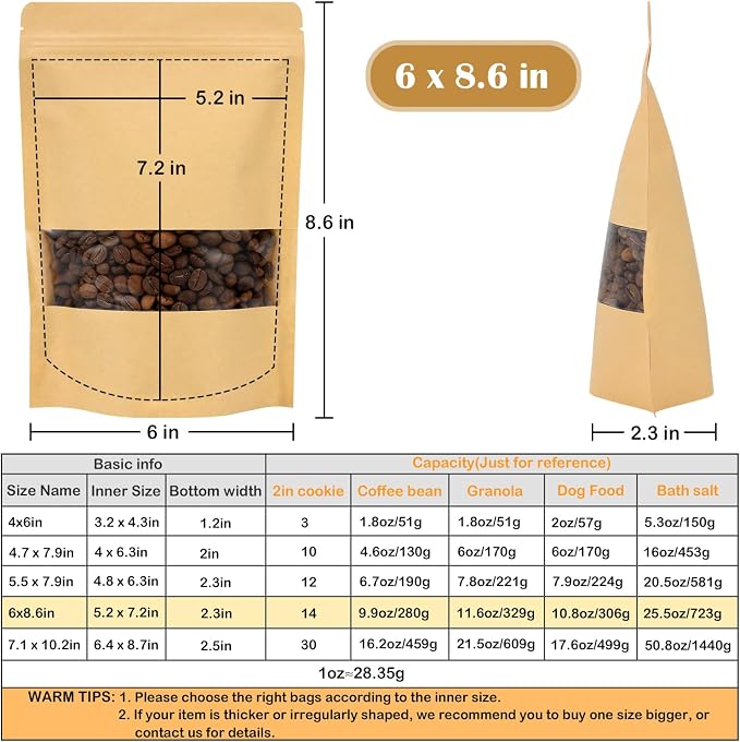Blisstime 50 Pack Kraft Paper Stand Up Pouch Bags, Resealable Bag with Transparent Window and Tear Notch for Multipurpose Storage (6 X 8.6 Inches)